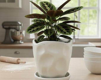 Modern White Barrel Ceramic Planter with Attached Saucer – 8 Inch Textured Decorative Flower Pot for Indoor/Outdoor Gardening