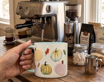 Cute Fall Pumpkin Coffee Mug, Pastel Ceramic Tea Cup 16 oz, Autumn Kitchen Decor, Thanksgiving Gift for Her, Cozy Cottagecore Drinkware