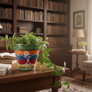 Hand Painted Spanish Ceramic Planter – Vibrant Multi-Colored Clay Flower Pot with Drainage Hole – Made in Spain – 6.5" Large Colorful Indoor