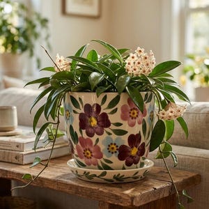 May include: A ceramic plant pot with a matching saucer, featuring a hand-painted floral pattern of purple, pink, and light blue flowers with green leaves on a cream background, containing a Hoya plant with dark green leaves and pale pink flowers.