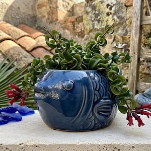 Large Blue Ceramic Fish Planter with Drainage – 10 Inch Cobalt Blue Fish Pot for Indoor Plants – Nautical Garden Decor – Unique Fish Lover