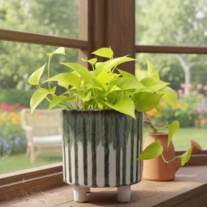 Handmade Style Ceramic Footed Planter - 6" Turquoise, Green & White Glaze Pot - Mid Century Modern Decorative Planter - No Drainage Hole