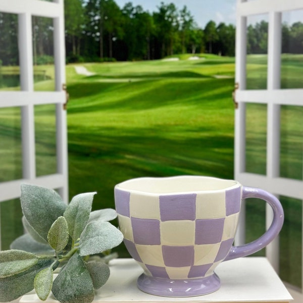 Purple and White Checkered Pattern Ceramic 20oz Mug/ Birthday Gift/ Gift for her/ Gift for him/ Retro Lovers/ Coffee Lovers