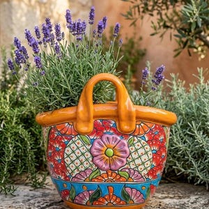 Maceta grande de cerámica Talavera con asas, maceta de cerámica mexicana hecha a mano de 45 cm, decoración floral colorida para jardín, auténtica arcilla mexicana.