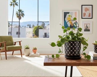 Maceta geométrica de cerámica negra y beige con platillo - Maceta decorativa moderna de 12,7 cm para interior y exterior con drenaje - Maceta bohemia