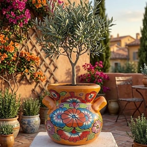 Talavera Planter Pot with Handles, Large Mexican Ceramic Flower Pot, Hand Painted Floral Garden Decor, 10” Colorful Terracotta Vase, Planter
