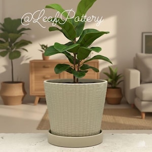 Modern Beige Ceramic Barrel Planter with Attached Saucer – 7" Textured Indoor/Outdoor Flower Pot with Drainage – Minimalist Home Decor