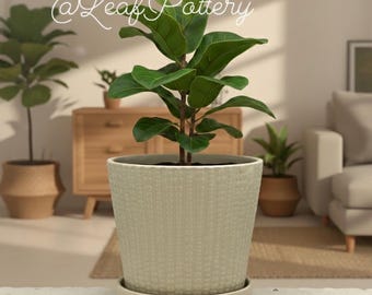 Modern Beige Ceramic Barrel Planter with Attached Saucer – 7" Textured Indoor/Outdoor Flower Pot with Drainage – Minimalist Home Decor