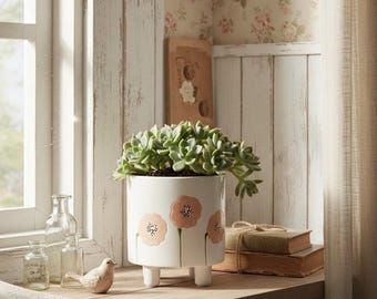 Ceramiczna doniczka w kształcie beczki w stylu shabby chic z nogami w kształcie ćwieków – 15 cm, biało-różowa, dekoracyjna donica do wnętrz – urocza dekoracja wnętrz w stylu boho