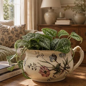May include: A cream-colored ceramic planter with a crackled glaze finish and a single handle. The planter features a hand-painted floral design with pink and blue flowers and green stems. A trailing Scindapsus pictus plant with variegated green and silver heart-shaped leaves grows from the top of the vessel.