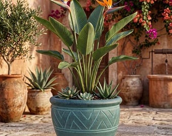 Maceta grande de cerámica con pátina color turquesa / Maceta estilo boho con estampado azteca / Jarrón hecho a mano de 25 cm / Hecho en Tailandia / Perfecto para aves del paraíso y serpientes