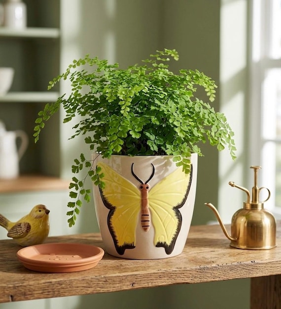 Yellow Butterfly Ceramic Planter - 6" Large Beige Indoor Pot - Whimsical  Butterfly Garden Decor - Gift for Plant Lovers - No Drainage Hole