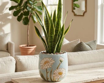 Handmade Ceramic Daisy Planter with Drainage Hole, Cute Light Blue Flower Pot for Indoor Plants, 6.5" Small Boho Ceramic Urn, Spring Decor