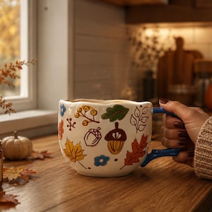 Taza de café de cerámica de otoño de 473 ml, taza de té con diseño de hoja de bellota pintada a mano, decoración acogedora para la cocina otoñal, taza grande para sopa, apta para lavavajillas, regalo para ella.
