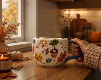 Fall Ceramic Coffee Mug 16 oz, Hand Painted Acorn Leaf Tea Cup, Cozy Autumn Kitchen Decor, Large Soupmug, Dishwasher Safe Gift for Her
