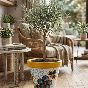 Könnte beinhalten: Ein Olivenbaum in einem dekorativen Keramiktopf. Der Topf ist weiß mit einem gelben Rand und bunten floralen Designs. Der Baum hat einen schlanken braunen Stamm und grüne Blätter. Der Topf steht auf einem Holzboden.
