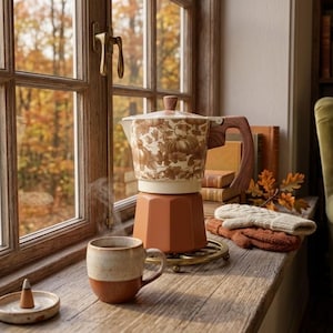Pode incluir: Uma cafeteira italiana com corpo creme apresentando um padrão de abóboras e folhas castanhas, pega de madeira e base sólida em cor terracota. Ao lado, encontram-se uma caneca de cerâmica bicolor, um cone de incenso e luvas de malha.