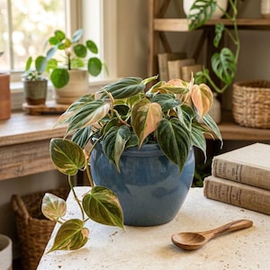 May include: A Philodendron hederaceum 'Pink Princess' plant with heart-shaped, variegated dark green and pink leaves, potted in a glossy, round, medium-blue ceramic planter. The plant features trailing vines and is displayed on a textured surface.