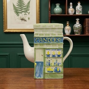 Vintage MSRF Inc Candle Shop Teapot - Decorative Hand Painted Ceramic Storefront Tea Pot - Kitschy Kitchen Decor - 7" Novelty Collectible