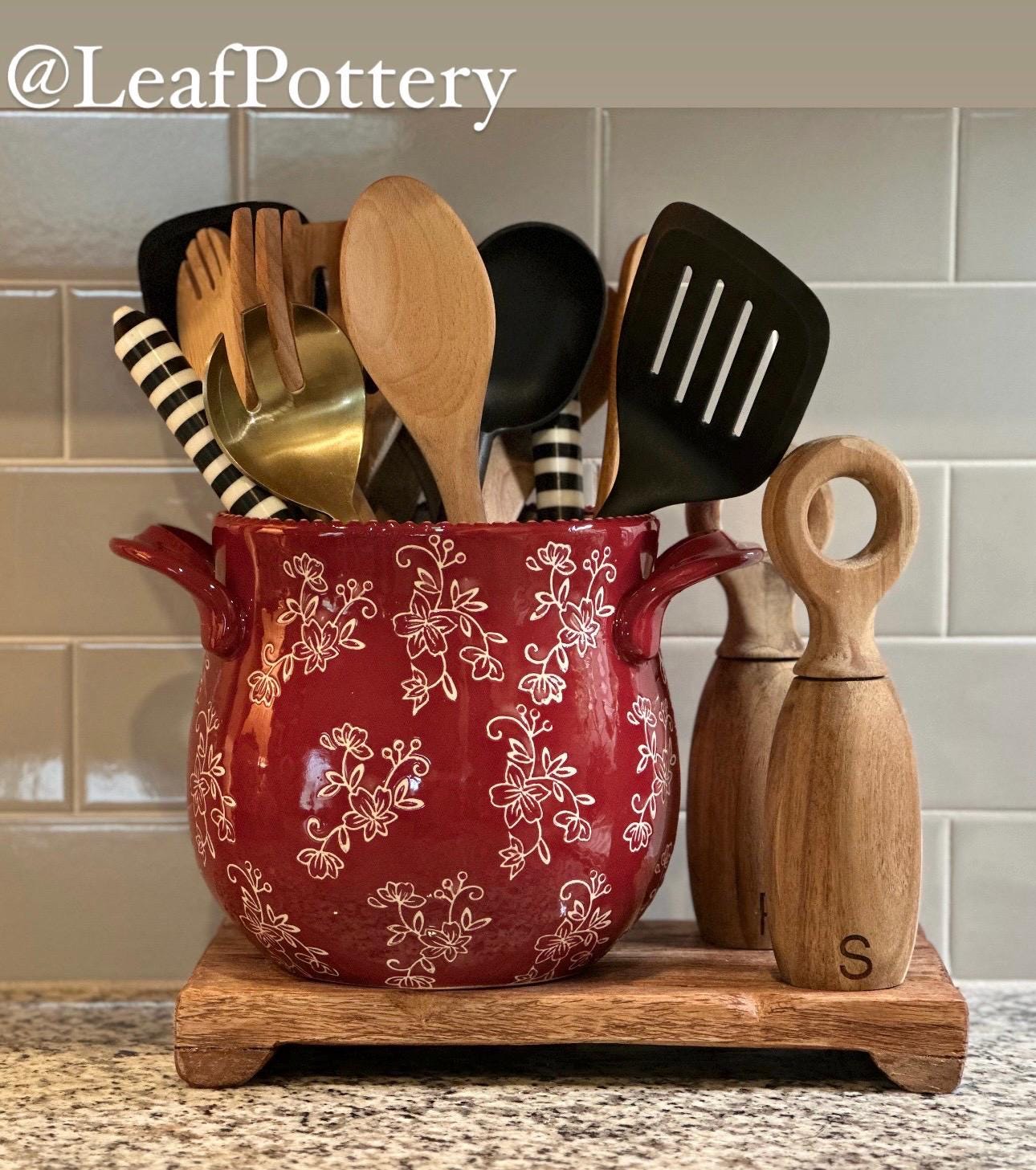 Temtetations Floral Lace Cranberry Utensil Crock/kitchen Crock