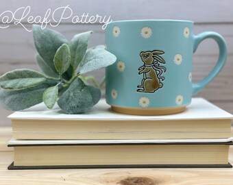 Kenny Bunny with Daisy Flowers Blue Ceramic 18oz Mug/ Birthday Gift/ Gift for her/ Gift for him/ Easter Gift/ Coffee Mug/ Coffee Lovers