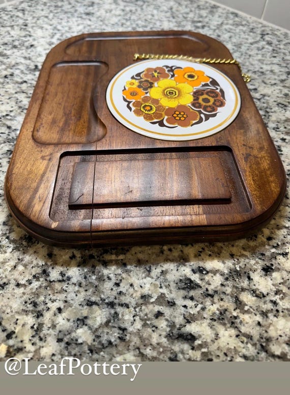 Vintage Wooden Serving Tray With Decorative Tile Insert | Mid