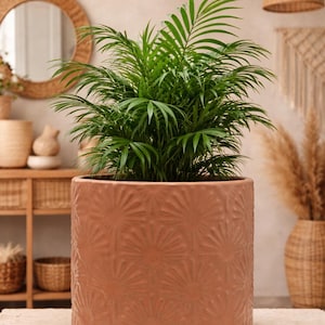 Pink Ceramic Barrel Planter - 10" Large Handcrafted Textured Flower Pot - Boho Indoor Outdoor Planter - Made in Vietnam - No Drainage