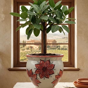 Nieuwe 9" grote handgeschilderde bloemen keramische plantenbak uit Spanje - 10" brede ambachtelijke boompot - terracotta crème Spaans aardewerk - opening 8"