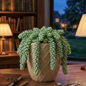 Diamond Lattice Ceramic Barrel Planter – 8" Tan Handcrafted Clay Pot with Drainage – Indoor/Outdoor Garden Decor – Made in Vietnam