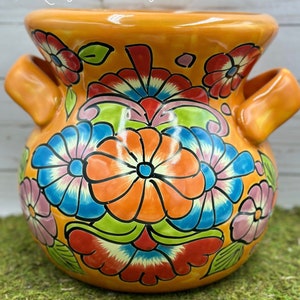 May include: Orange ceramic planter with a floral design featuring blue, green, red, and white flowers. The planter has two handles on the sides.