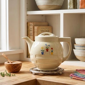 May include: A cream-colored ceramic teapot with a lid and a handle, featuring a graphic of three potted flowers on a tiered stand. The teapot has horizontal embossed bands around the base and sits on a circular metal trivet on a wooden surface.