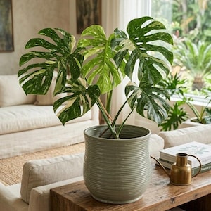 Large Sage Green Ribbed Ceramic Planter - 10" Hand-Glazed Pottery from Vietnam - Modern Decorative Indoor Pot for Monstera & Large Plants