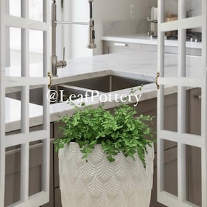 Elegant White Ceramic Barrel Planter | Indoor/Outdoor Leaf Pattern Pot with Attached Saucer | 5.5" W