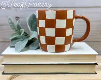 Brown and White Checkered Pattern Ceramic Mug/ Coffee Lovers/ Birthday Gift/ Gift for her/Gift for him/ Retro