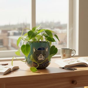 Keramische kattenbak met baret - 7" bloempot met turkoois vat - handgeschilderd artist kitty decor - plantenbak voor binnen/buiten met drainage
