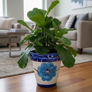 Hand-Painted Spanish Ceramic Planter – Blue & Turquoise Floral Garden Pot – 9" Large Indoor/Outdoor Clay Flower Pot with Drainage