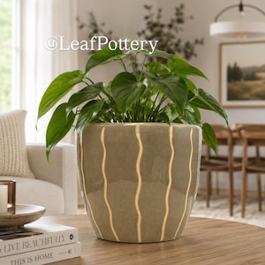 Ceramic Planter Pot 6" - Wave Pattern Indoor Plant Pot, Neutral Clay Flower Pot 5.25"H, Small Boho Garden Decor, Made in Vietnam