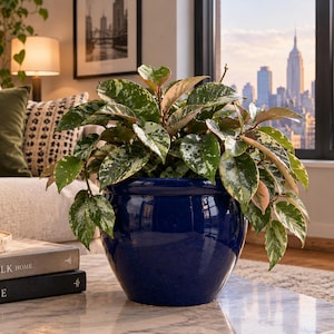 Pot de fleurs en céramique bleu cobalt, petit pot d'intérieur de 15 cm, récipient en céramique émaillée bleu marine foncé, pot en céramique vietnamienne fait main
