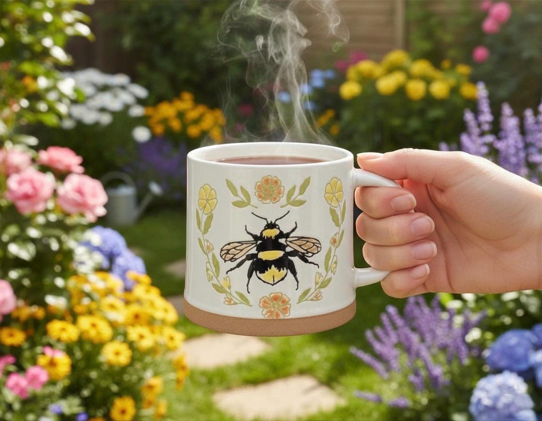 Bumblebee Ceramic Coffee Mug, 16oz – Large Floral Bee Tea Cup With