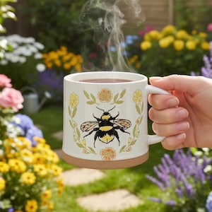 Bumblebee Ceramic Coffee Mug, 16oz – Large Floral Bee Tea Cup with Yellow & Orange Accents – Whimsical Nature Lover Gift – Spring Garden Kit