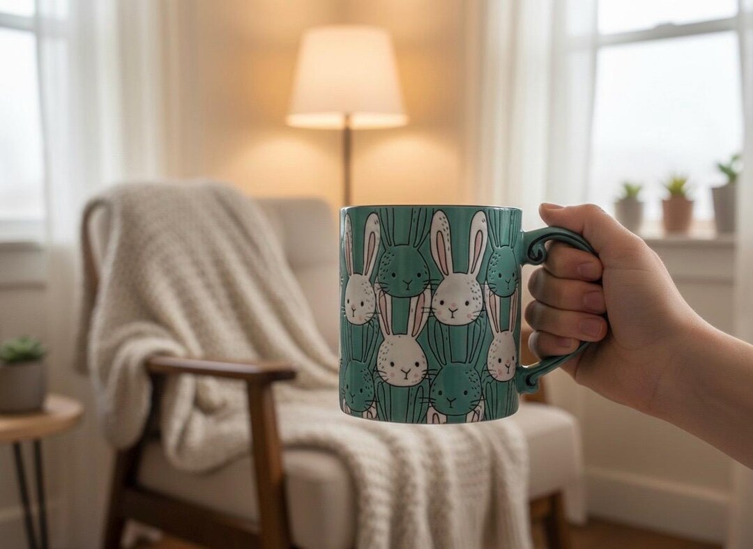 Large 20oz Teal Bunny Coffee Mug – Cute Rabbit Pattern Ceramic Cup ...