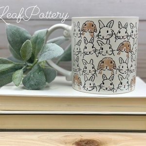 Happy Rabbits Beige/Brown Ceramic 21oz Mug/ Birthday Gift/ Gift for her/ Gift for Mom/ Coffee Lovers/ Easter Lovers