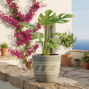 Jardinière tonneau en céramique fabriquée à la main - Pot en grès bleu et gris avec système de drainage - Jardinière succulente d'intérieur et d'extérieur de 6 po. - Fabriqué au Vietnam