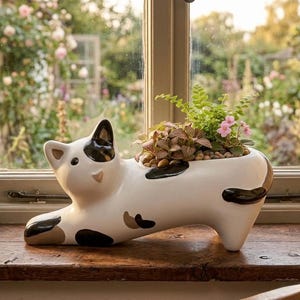 Calico Cat Planter - Ceramic Succulent Pot - Cat Lover Gift - Stretching Kitty Flower Pot - Unique Animal Planter for Indoor Plants & Home