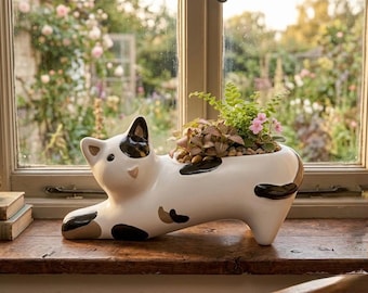 Calico Cat Planter - Ceramic Succulent Pot - Cat Lover Gift - Stretching Kitty Flower Pot - Unique Animal Planter for Indoor Plants & Home