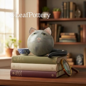Puede incluir: Una escultura de gato gris con ojos verdes y cola negra descansa sobre una pila de libros. Un pequeño cuenco azul y blanco y una lupa también están sobre la mesa de madera. El texto "LeafPottery" es visible.