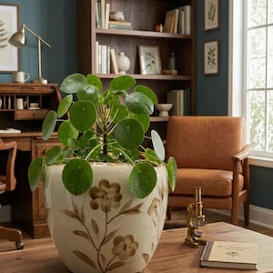 May include: A Pilea peperomioides plant with round green leaves sits in a cream-coloured ceramic planter decorated with brown painted floral motifs. Next to the planter is a small brass microscope and a book titled Botanical Notes.