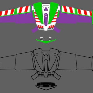 May include: A green, purple, and white toy spaceship with red and white stripes. The spaceship has a power button and a green light. The bottom of the spaceship is black and has a circular design.