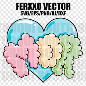 Puede incluir: Un diseño en forma de corazón con tres nubes esponjosas en su interior. Las nubes son de color rosa, amarillo y verde. El corazón está delineado en negro y relleno de un color azul claro.
