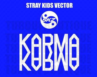 Può includere: Un design grafico blu con il testo "STRAY KIDS VECTOR" in alto e la parola "KARMA" in grandi lettere bianche. Un simbolo yin-yang bianco con "SKZ" all'interno è sopra la parola "KARMA".